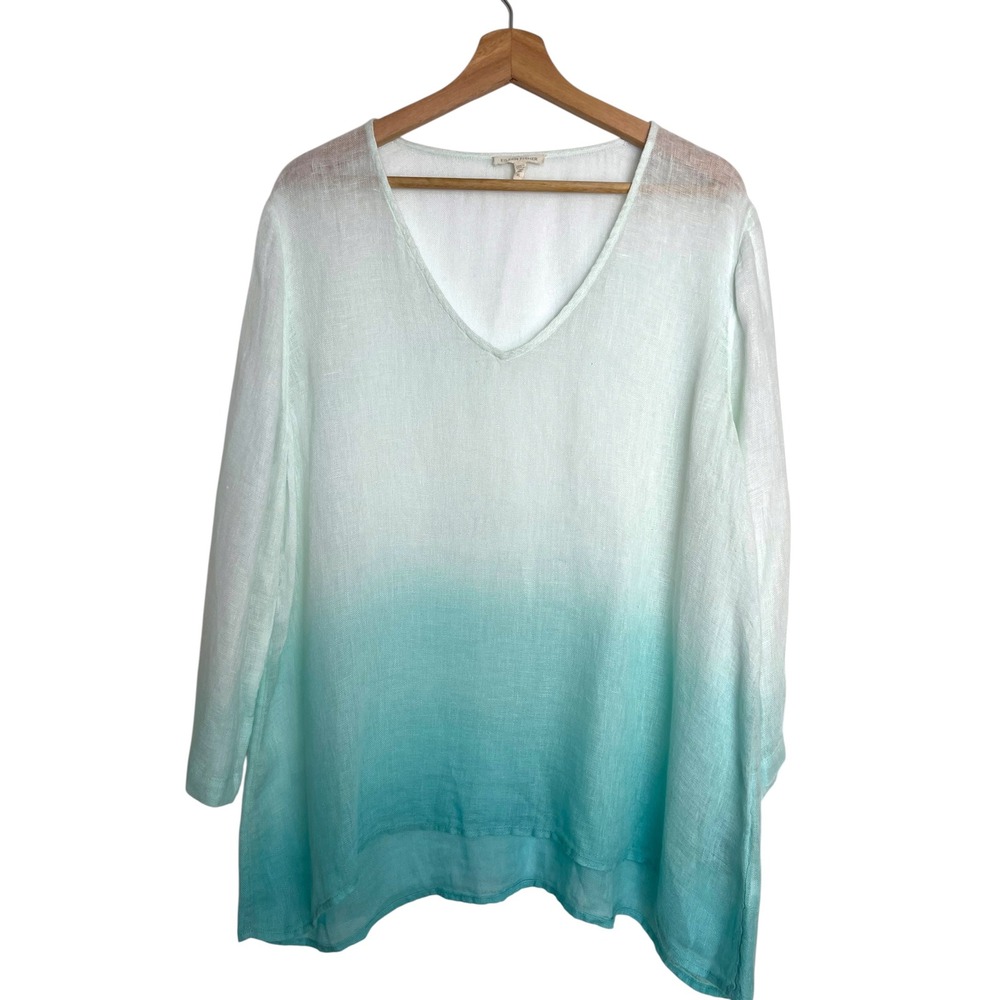Eileen Fisher XL 100% Linen Ombre Tunic Top Aqua White V Neck Long Sleeve